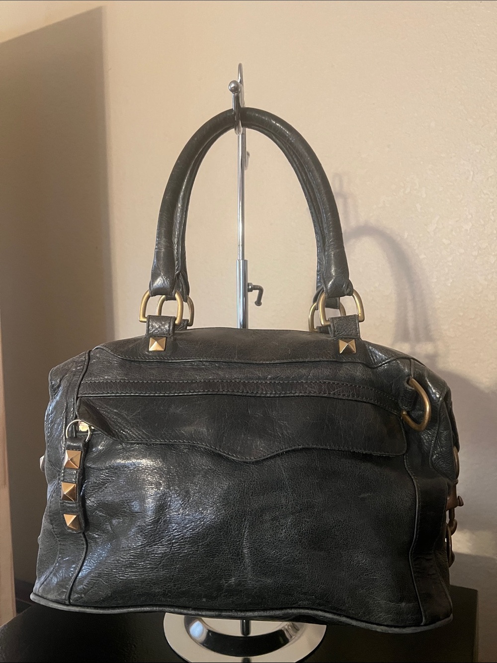 Rebecca Minkoff Structured Dark Grey Leather Satchel with Gold-Tone Accents